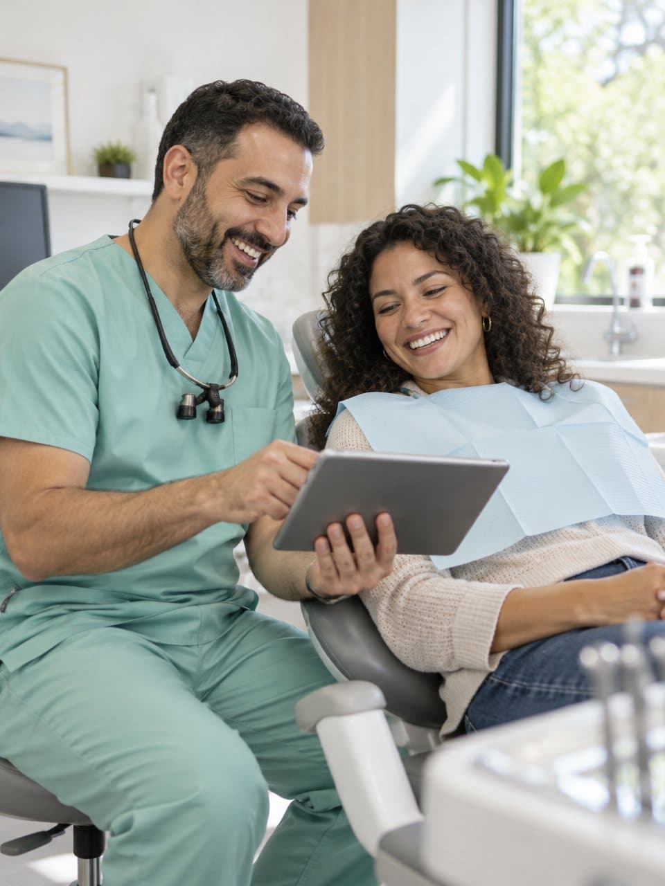 A dentist talking with a patient in a bright treatment room