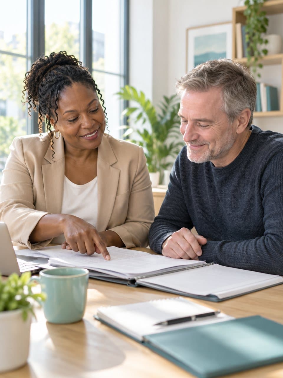 A family-law adviser going through court papers with a client at a bright office table