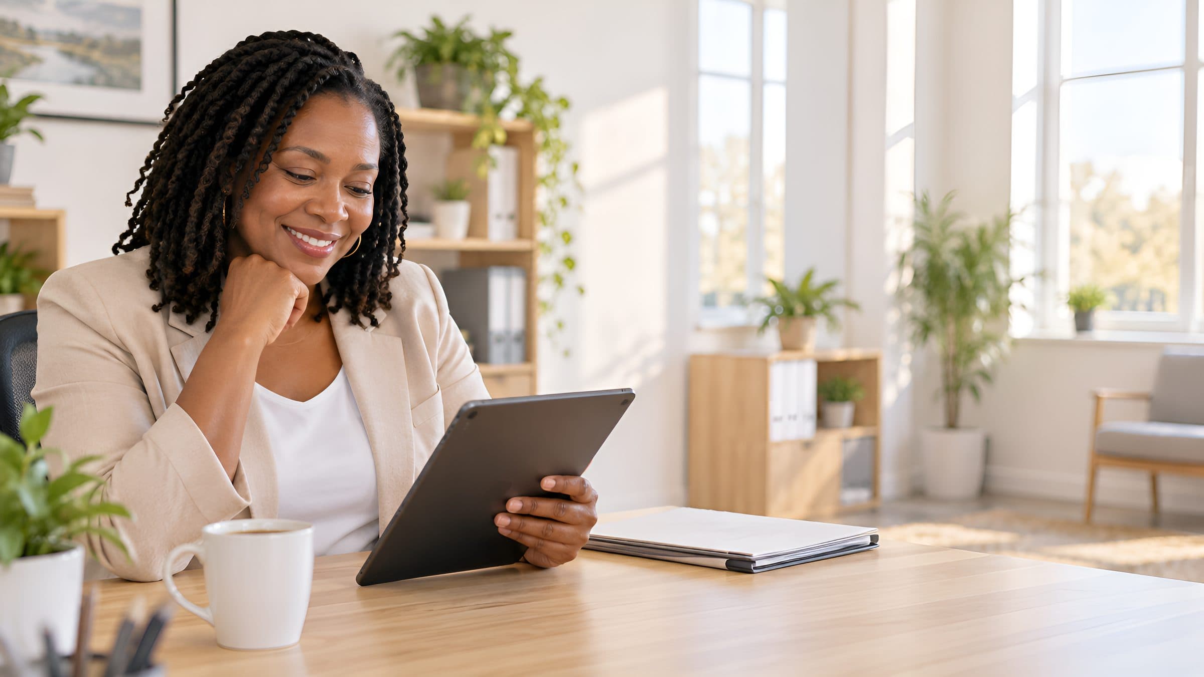 Joanne, who runs a small family-law practice, reading her insights on a tablet with a coffee before her first call